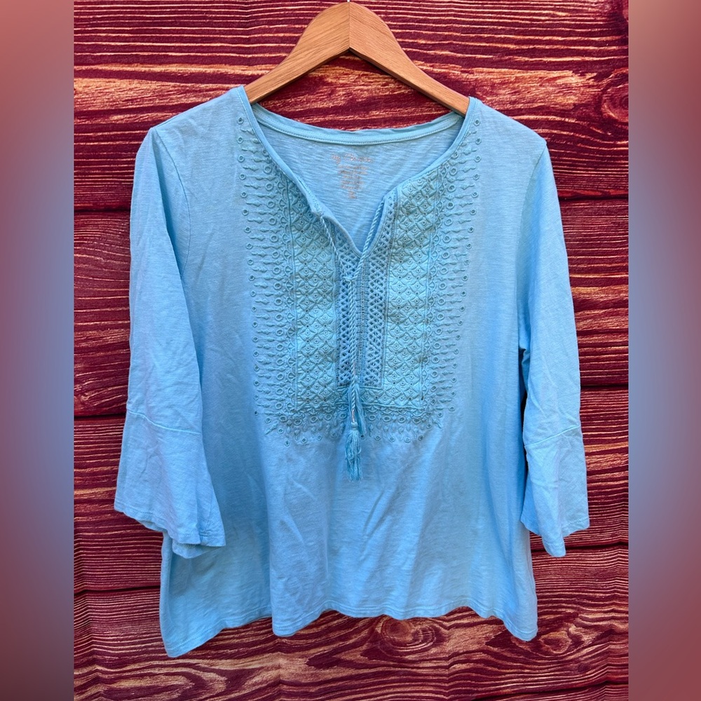 Chico's size 3 XL cotton embroidered peasant tassel turquoise boho blouse